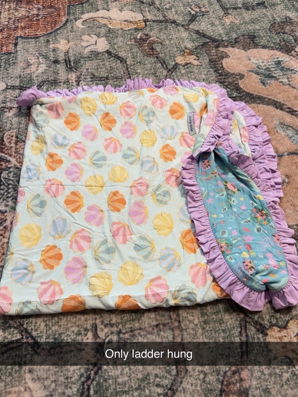 Seashell Print Quilted Baby Blanket with Lavender Ruffle